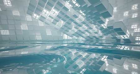 Abstract white and blue water parametric interior with neon lights. 3D illustration and rendering.