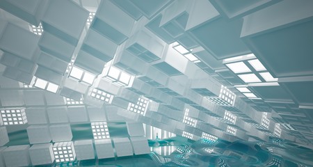 Obraz premium Abstract white and blue water parametric interior with neon lights. 3D illustration and rendering.