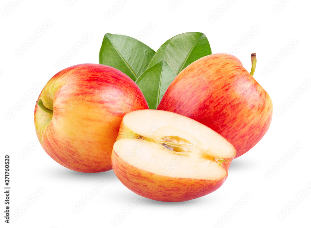 Wall mural fresh red apple with leaf isolated on white background. full depth of field