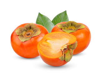 fresh ripe persimmons with leaf  isolated on white background. full depth of field