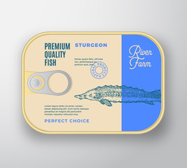 Abstract Vector Fish Aluminium Container with Label Cover. Retro Premium Canned Packaging Design. Modern Typography and Hand Drawn Sturgeon or Beluga Silhouette Background Layout.