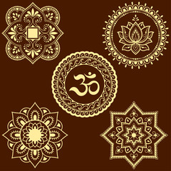 Set of circular patterns in form of Mandala with religious symbols. Oriental signs OM, lotus flower, sun for Henna, Mehndi, tattoo, decoration. Decorative ornament in ethnic style.