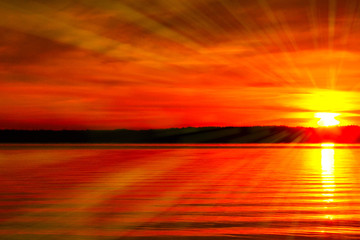 Sunbeams On a bright sunset by the lake, red