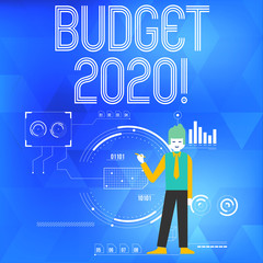 Text sign showing Budget 2020. Business photo showcasing estimate of income and expenditure for next or current year Man Standing Holding Pen Pointing to Chart Diagram with SEO Process Icons