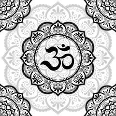 Seamless decorative ornament in ethnic oriental style. Circular pattern in form of mandala with ancient symbol Hindu mantra OM for Henna, Mehndi, tattoo, decoration. Outline doodle vector illustration
