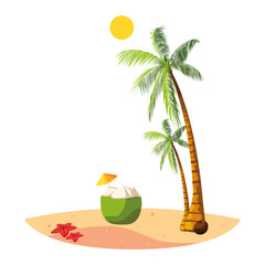 summer beach with palms and coconut cocktail scene