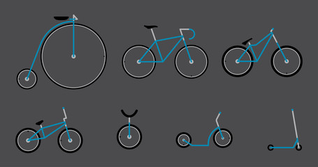 Vector simple drawings of wheeled vehicles set. Bike, scooter,...