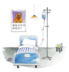 Dying experimental rat. Hospital room with a bed, a dropper, and a urinal in the hospital. Humorous watercolor illustration