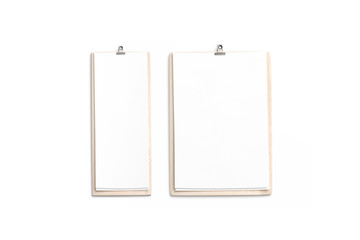 Blank white cafe menu, wooden board mockup, 4 inch, A4, top view, 3d rendering, isolated. Empty lists with food and drink on thin wood holder. Clear flyers on the clipboard for restaurant template.