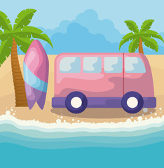 summer poster with surfboard and van in the beach