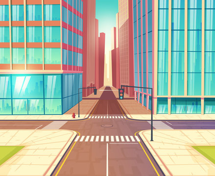 Metropolis crossroads, streets crossing in city downtown with two-lane road, traffic lights and sidewalks near skyscrapers buildings cartoon vector illustration. Urban transport infrastructure element