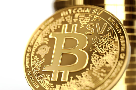 Close up shot on BSV letters on conceptual Bitcoin Satoshi Vision coin (Bitcoin SV). 3D rendering