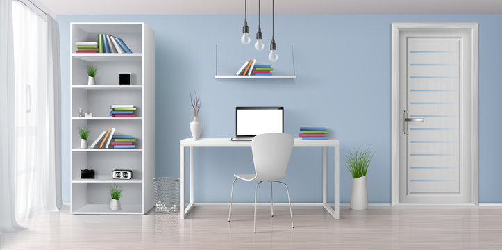 Home office sunny room with simple, white furniture 3d realistic vector interior background. Laptop with blank screen on work desk, bookshelf on blue wall, rack with clock and flowerpots illustration