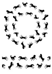 Fototapeta na wymiar a wreath of vector isolated silhouettes of black horses galloping on a white background