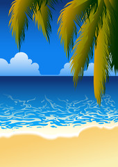 Fototapeta na wymiar beautiful sea beach landscape with palm leaves background. holiday vector illustration