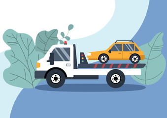 Roadside assistance concept: broken yellow car on the tow truck. Flat vector illustration. 