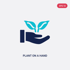two color plant on a hand vector icon from ecology concept. isolated blue plant on a hand vector sign symbol can be use for web, mobile and logo. eps 10