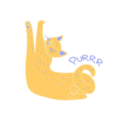 Purring cat hand drawn illustration in flat style. Isolated cartoon character. Pet owner, book, t-shirt, poster design of a veterinary clinic