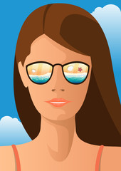 beautiful young woman with sunglasses that reflects sea beach landscape background. summer holiday vector illustration