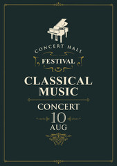 Vector poster for concert or festival of classical music with grand piano on the black background in retro style © paseven