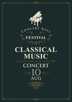 Vector poster for concert or festival of classical music with grand piano on the black background in retro style