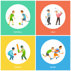 Fototapeta premium People holding bat, golf-club or running with ball, round poster icons football, golf and cricket, rugby sport decorations, sportsmen training vector