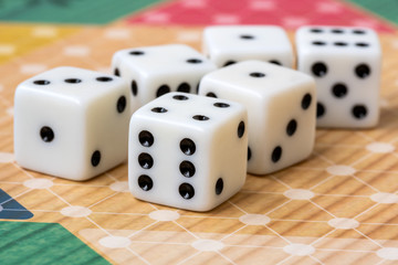 Six white dice on board game