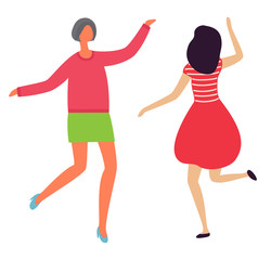 Dancing cheerful ladies back and front view flat style isolated. Vector female dancers dancing in club, person wearing red dress, clubbing females in nightclub