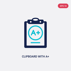 two color clipboard with a+ vector icon from education concept. isolated blue clipboard with a+ vector sign symbol can be use for web, mobile and logo. eps 10