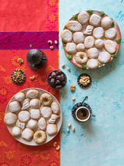 Arabic cookies Maamoul. Ramadan sweets background.