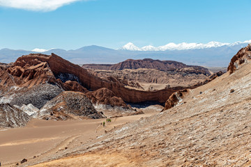 Moonlike landscape of dunes, rugged mountains and rock formations of Valle de la Luna (Moon valley), Atacama desert, Chile