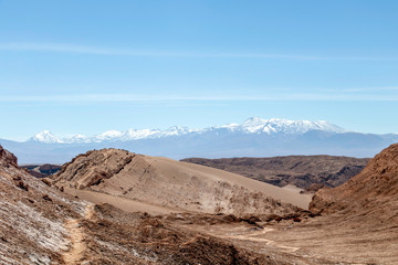 Moonlike landscape of dunes, rugged mountains and rock formations of Valle de la Luna (Moon valley), Atacama desert, Chile