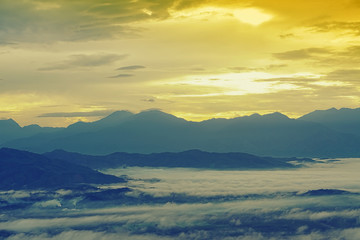 Sea of the mist with blue  sky on mountain at morning sunrise winter season background