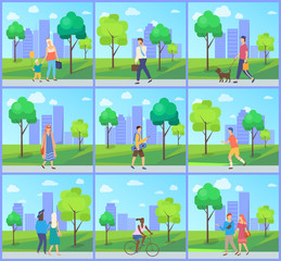 People walking in city park, man and woman going outdoor, family leisure and sporty activity, male and female character near trees and building, set vector