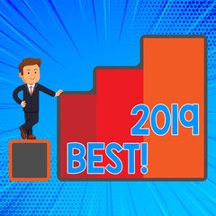 Handwriting text writing 2019 Best. Conceptual photo that which most excellent outstanding or desirable this year Happy Businessman Presenting Growth and Success in Rising Bar Graph Columns