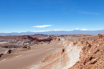 Moonlike landscape of dunes, rugged mountains and rock formations of Valle de la Luna (Moon valley), Atacama desert, Chile