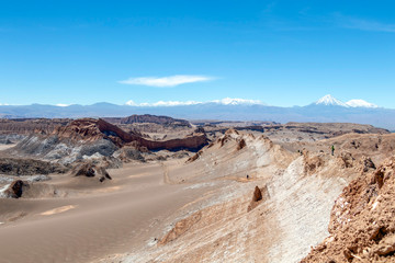 Moonlike landscape of dunes, rugged mountains and rock formations of Valle de la Luna (Moon valley), Atacama desert, Chile
