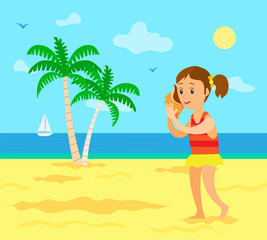 Fototapeta na wymiar Kid on summer vacation vector, child listening to noise in seashell. Girl wearing swimming suit, seascape and coast with sailboat on water surface, palm