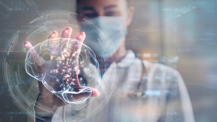 Portrait of female futuristic doctor is using latest innovative technology with augmented reality holograms for viewing patient's diagnosis in modern laboratory.