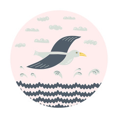 Seagull, waves and clouds circle vector hand drawn illustration. Flying sea bird isolated clipart.Postcard design element, kids game, book, t-shirt, textile