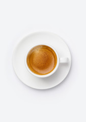 Cup of coffee on white background, top view