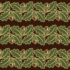 Seamless vector decorative pattern with oak leaves and acorns in vintage style.