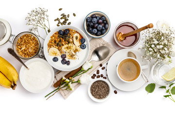 Healthy breakfast set on white background, top view, copy space - obrazy, fototapety, plakaty