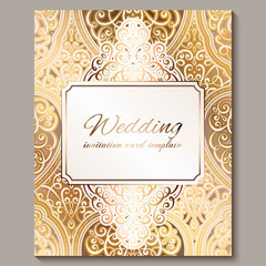 Wedding invitation card with gold shiny eastern and baroque rich foliage. Ornate islamic background for your design. Islam, Arabic, Indian, Dubai.