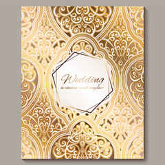 Wedding invitation card with gold shiny eastern and baroque rich foliage. Ornate islamic background for your design. Islam, Arabic, Indian, Dubai.
