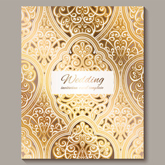 Wedding invitation card with gold shiny eastern and baroque rich foliage. Ornate islamic background for your design. Islam, Arabic, Indian, Dubai.