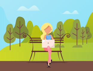 Person working on personal computer vector, lady sitting on bench in park, distant worker freelance lady. Blond woman freelancer in nature environment