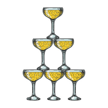 Champagne glass pyramid tower color sketch engraving vector illustration. Scratch board style imitation. Black and white hand drawn image.