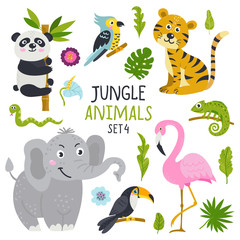 Vector set of cute animals from jungle and plants