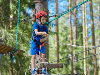Boy enjoying activity in climbing adventure park at sunny summer day. Kid climbing in rope playground structure. Safe climbing with helmet insurance. Child in forest adventure park, extreme sport.